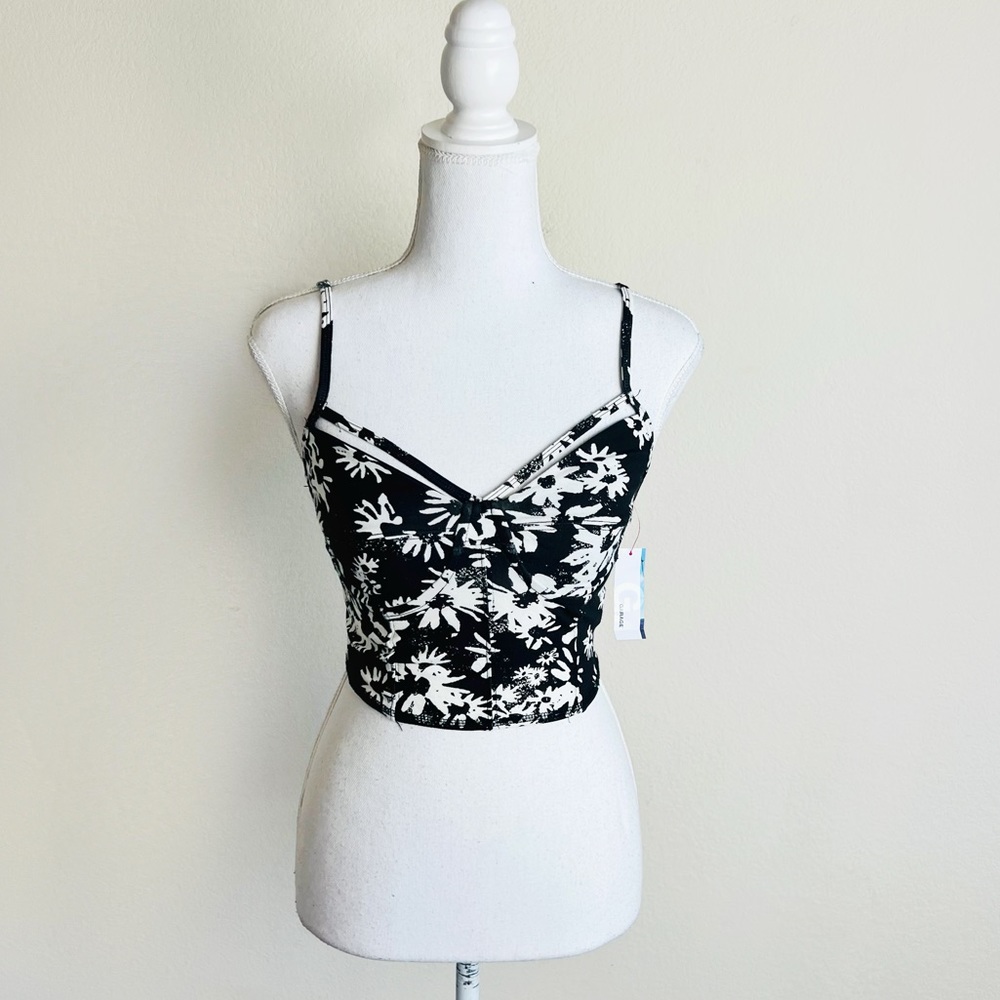 NWT GARAGE Black & White Combo Floral Strappy Bustier Crop Top Tank Bralette